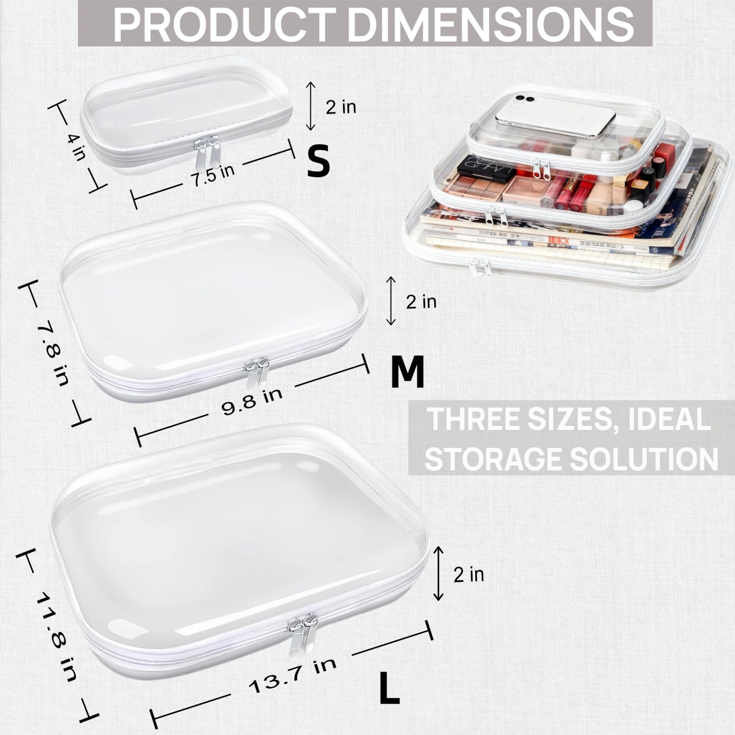 3PCS Clear Hard Plastic Zipper Case, Double Zippers Hard Pouch, Portable Travel Organizer Bin Clear Makeup Bag for Toy Storage, Snack Bag, Cosmetics, Pencil Case, Diaper Bag, Toiletry Bag (1L+1M+1S)