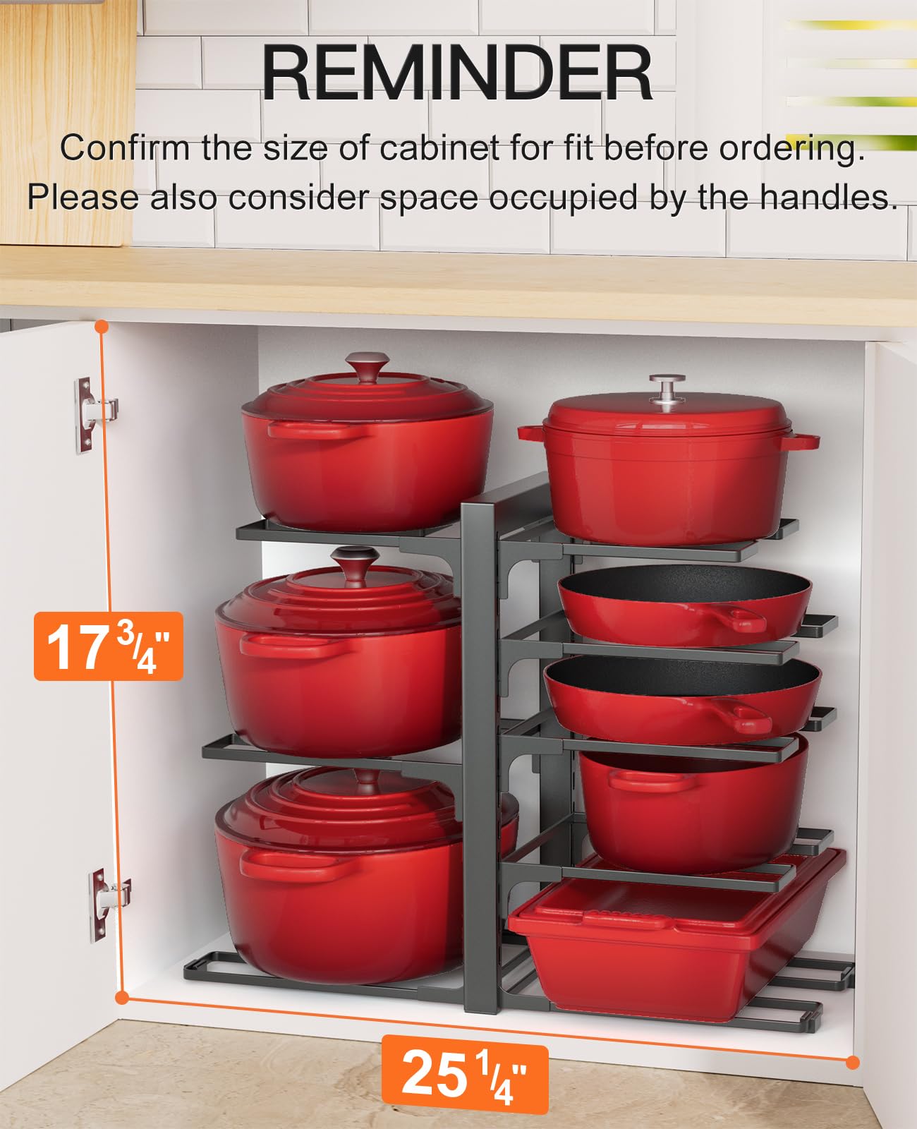 ORDORA Pots and Pans Organizer for Cabinet 16.61'' Height, 8 Tier Pot Organizers Rack with 3 DIY Methods, Adjustable Pan Organizer under Cabinet Kitchen Organization and Storage