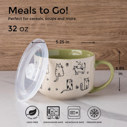 AmorArc 32 Ounces Ceramic Soup Mugs with Lids and Handle, Stoneware Bowls Cup Set of 2 for Soup, Stew, Noodle, Beautiful Mug Bowls With Lovely Dog,Cat Patterns, Microwave&Dishwasher Safe, Olive