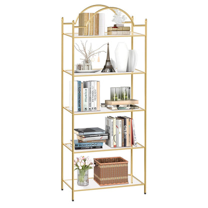 GIFTTROVE 5 Tier Bookshelf, Gold Book Shelf for Storage, Metal Tall Storage Display Bookcase, Modern Open Arched Book Case for Bedroom, Living Room, Glass Office Organization Shelf, 66.3" X 26" X 13"