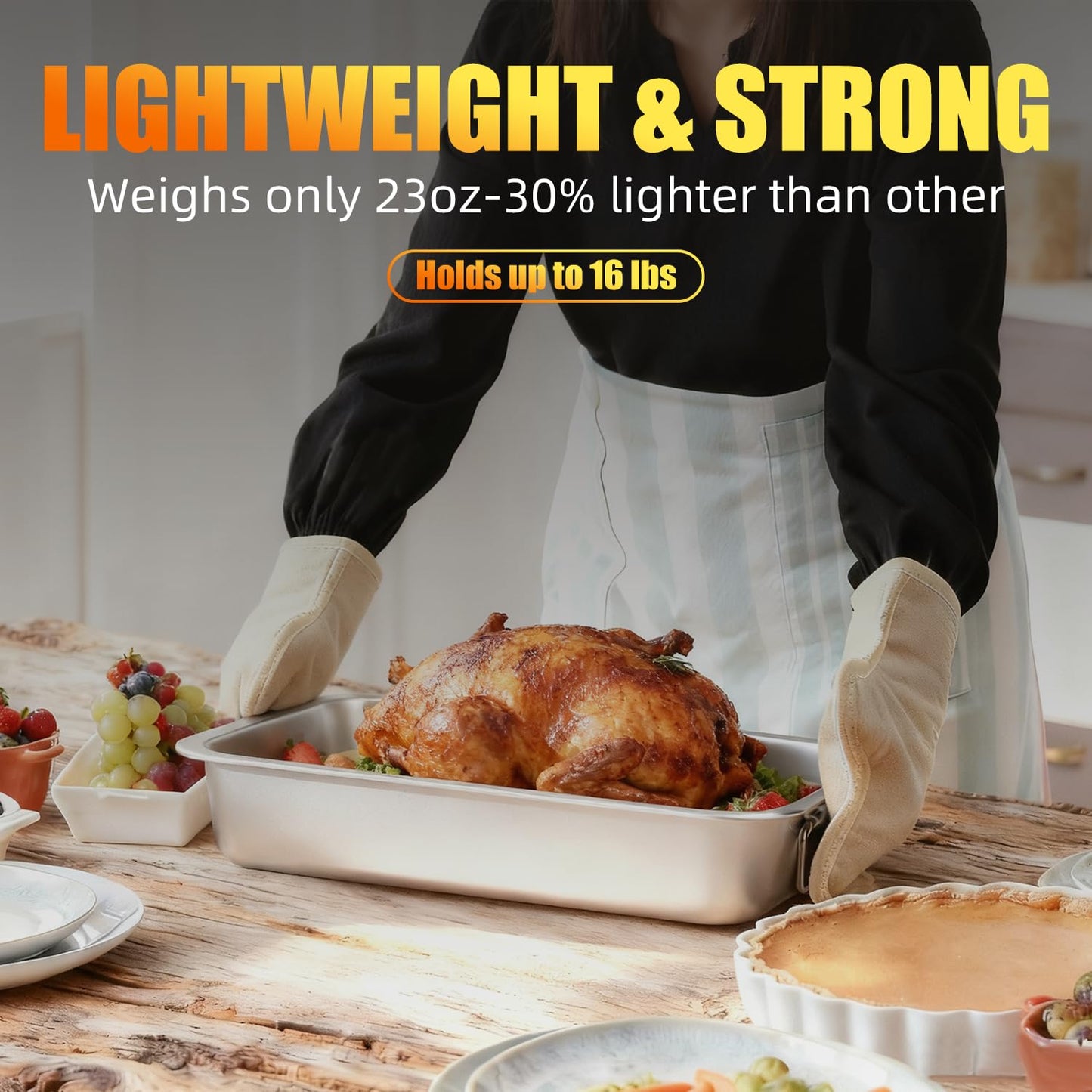 Stainless Steel Turkey Roasting Pan with Rack & Handles, Heavy Duty Food-Safe Turkey Pan Dishwasher Safe, Perfect for Cooking Turkey and Steak for Thanksgiving and Christmas (Standard)