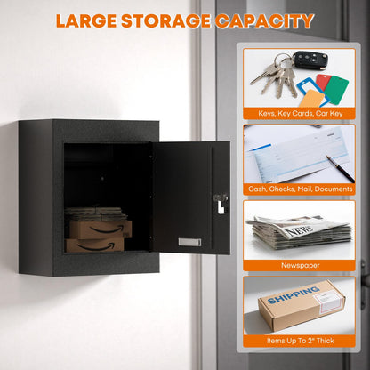 Metateel Through-The-Wall Drop Box with Rainproof Slots, 12.28''x6.4''x14.87'', Heavy Duty Steel Mailbox with Key Lock and 6.63"-11.7" Adjustable Chute, for Mail, Checks, Letters, Cash (Black)