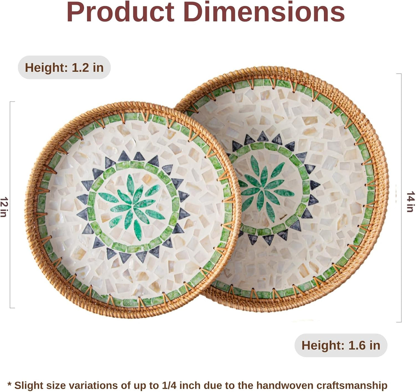 12'' Round Rattan Tray Home Decor, Wicker Serving Tray with Mother of Pearl Inlay, Boho Decorative Tray for Coffee