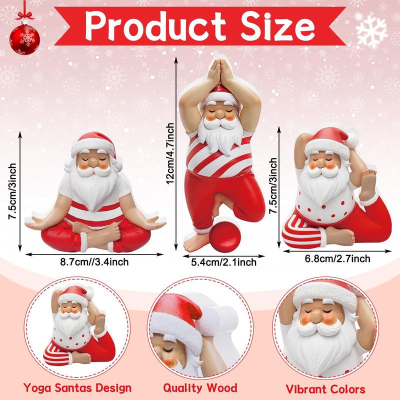 DoubleFill 3 Pcs Christmas Yoga Santa Figurines Table Decorations Wooden Yogi Santas in Yoga Poses Figurine Xmas Table Decoration for Christmas Party Home Office Desk Mantle Party Supplies