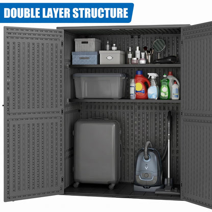 EHHLY Vertical Resin Storage Shed with 2 Shelves, 60 Cuft Garden Tool Sheds & Outdoor Storage, Plastic Outdoor Storage Cabinet Waterproof, 4.5 x 2.3 ft Backyard Outside Lawn Mower Storage Shed, Grey