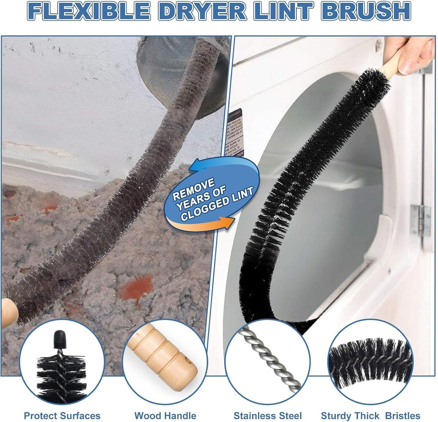 Skiennix Dryer Vent Cleaner Kit - 2-Piece Lint Brush & Vacuum Hose Attachment for Quick Lint Removal