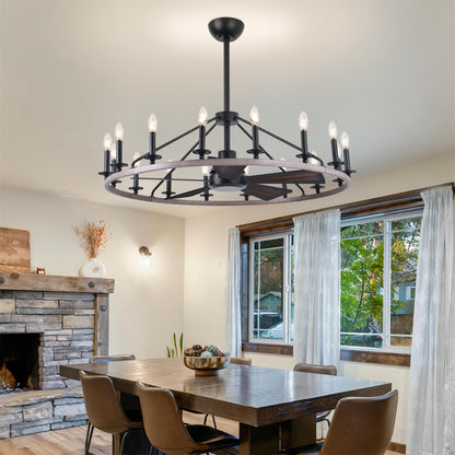 44" Wagon Wheel Chandelier with Fans, Wagon Wheel Ceiling Fan with 16-Lights and Remote, Farmhouse Chandelier for Living Room Dining Room, Adjustable Height, 6-Speed Reversible Quiet Large Fandelier