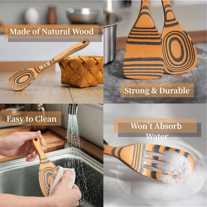 Dishwasher Safe & Heat Resistant Handcraft wood utensils set for cooking | 7-Piece Sturdy Wooden Kitchen Utensil Set for Nonstick Cookware | Wooden Cooking Spoon Set | Maintenance Free | Yellow Ochre