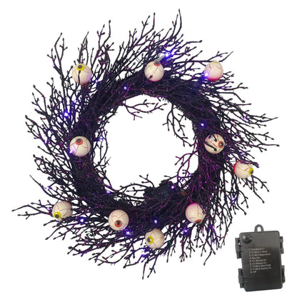 Sunny Bay Atelier Spook-tacular Halloween Wreath - 22" Creepy Eyeball, Black Twig with 35 Purple/Orange LED Lights (Battery Operated with Timer) Spooky Decor for Front Door, Haunted House Decor