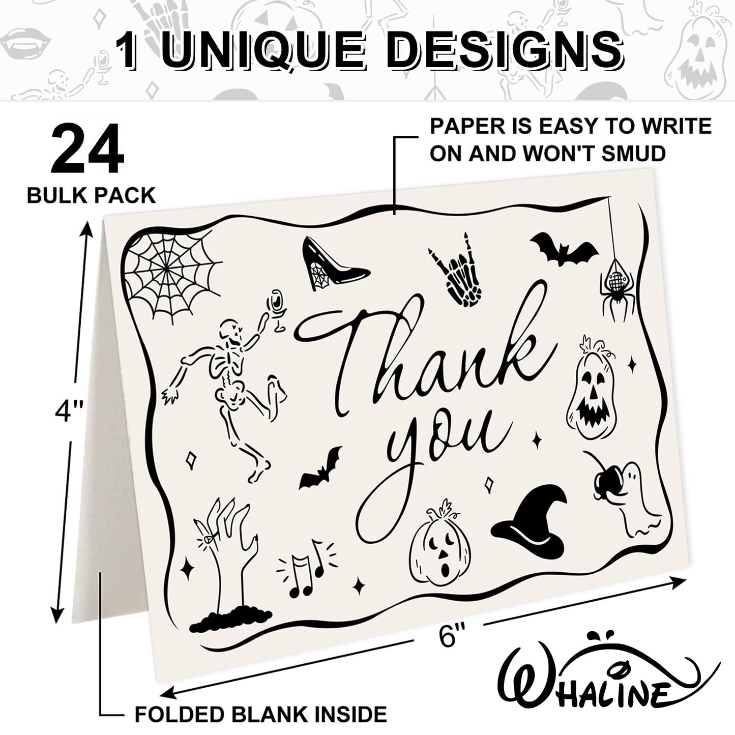 Whaline 24 Pack Halloween Thank You Cards Black Skeleton Pumpkin Ghost Thank You Greeting Note Card with Envelope Sticker for Birthday