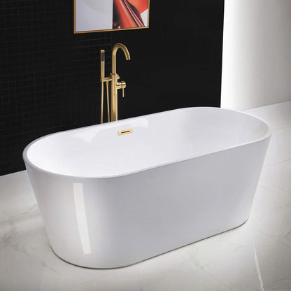WOODBRIDGE 67" Acrylic Freestanding Bathtub Contemporary Soaking White Tub with Brushed Gold Overflow and Drain，B0013 -BG-Drain &O