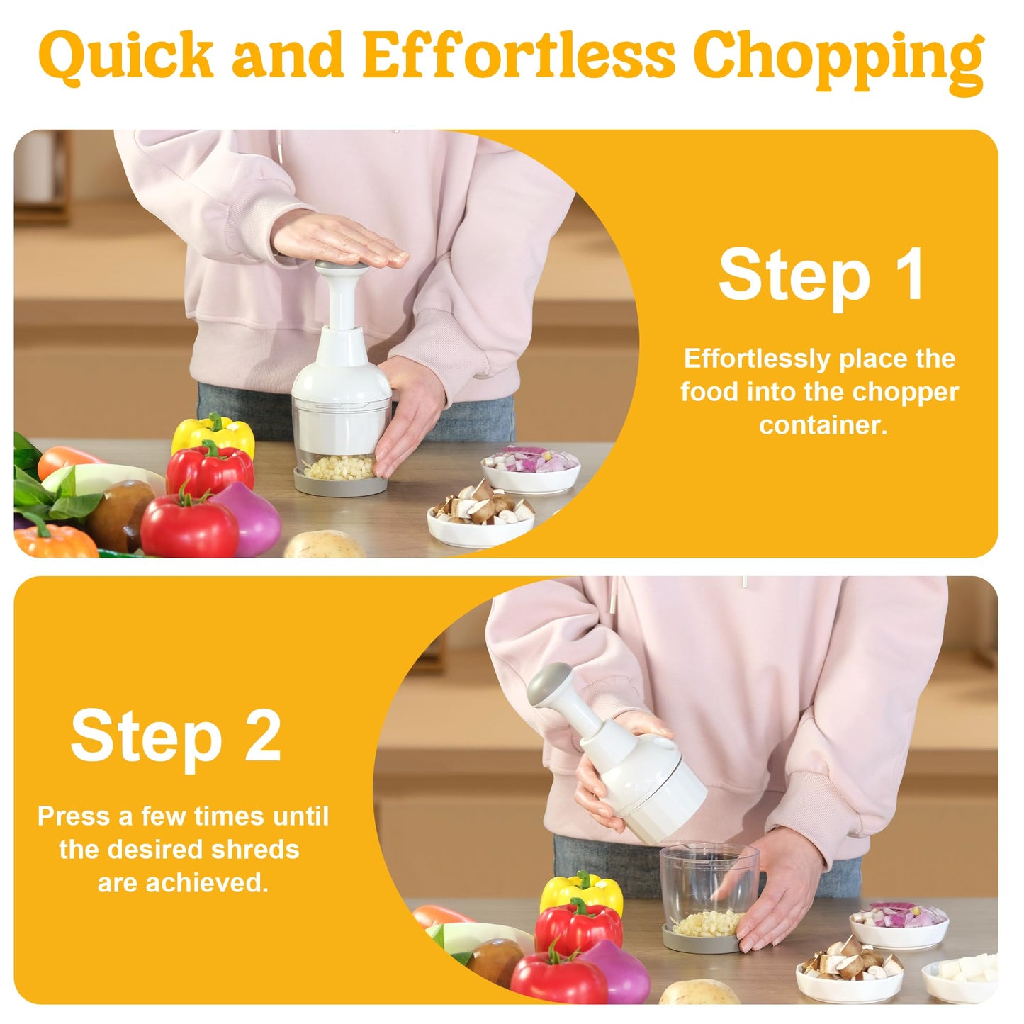 Food Chopper, Vegetable Chopper with Container, Onion Chopper Vegetable Cutter, Manual Veggie Chop Handheld Food Chopper for Garlic, Nut, Stainless Steel Blades, Dishwasher Safe, Easy to Clean, White
