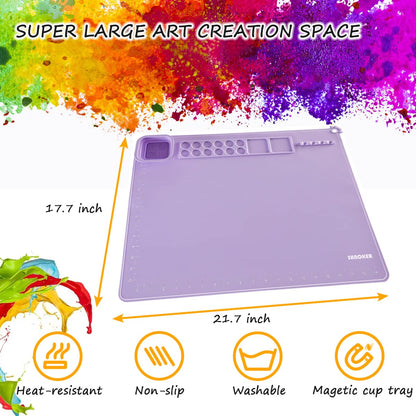 SHNOKER Silicone Craft Mat 21.7"x17.7" Super Large Silicone Painting Mat with 1 Magnetic Cup and Color Palette for Kids and Artist (Purple)