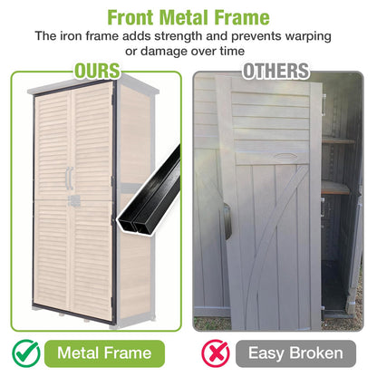 GUTINNEEN Outdoor Storage Cabinet Waterproof Metal Frame Wooden Storage Sheds Outdoor with Floor 4 Lockable Doors, 2 Adjustable Shelves, Garden Tool Shed for Patio Porch Backyard Lawn 63"