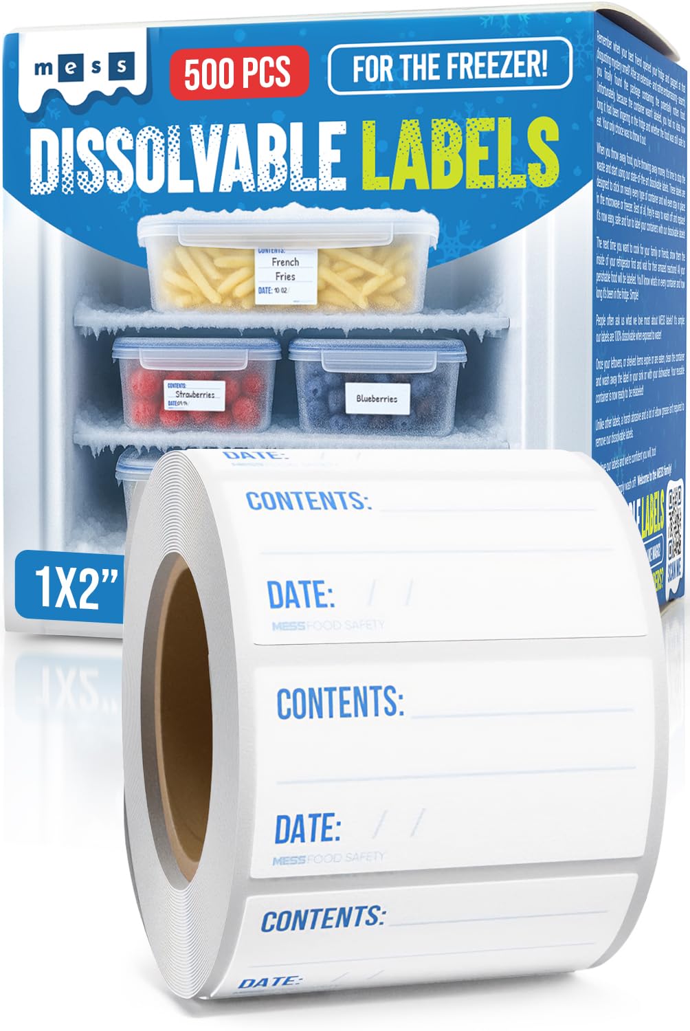 MESS Dissolvable Freezer Labels – 500/Roll Blank Removable Labels for Containers, Food Storage, Bottles, Jars, and Freezer Use (500, 1x2)