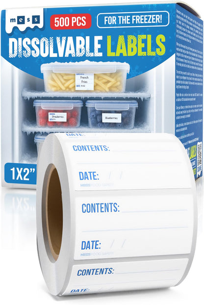 MESS Dissolvable Freezer Labels – 500/Roll Blank Removable Labels for Containers, Food Storage, Bottles, Jars, and Freezer Use (500, 1x2)