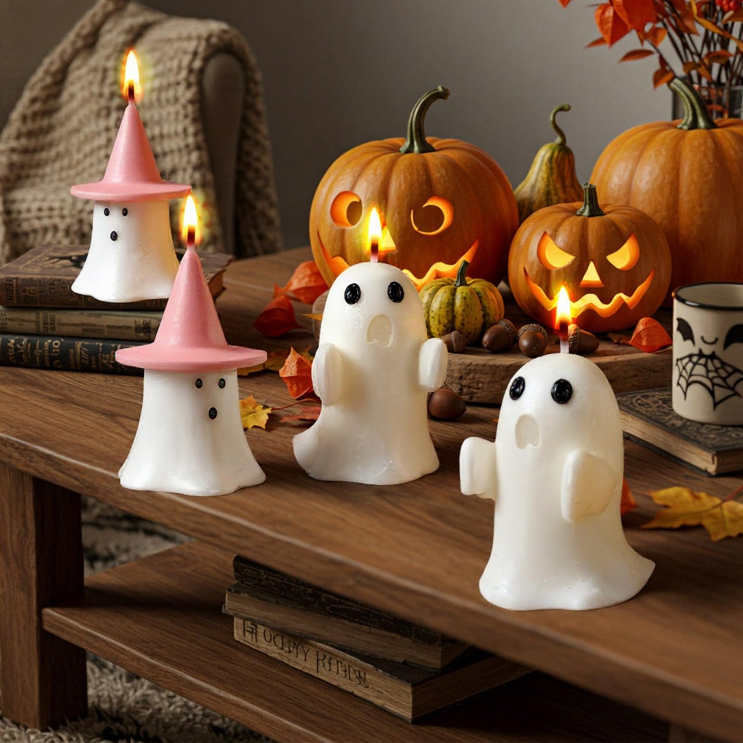Minatee 4 Pieces Halloween Ghost Candles Large Scented Spooky Cute Pink Witch Hat Candles Gifts for Halloween Party Boo Basket Stuffers Home Table Decor, 2 Style