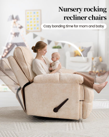 GARTMILAN Oversized Manual Recliner Chair with 360° Swivel, Big and Tall Rocker Glider for Nursery Living Room, Chenille Overstuffed Reclining Sofa with Handle, 375lbs (Beige, Manual)