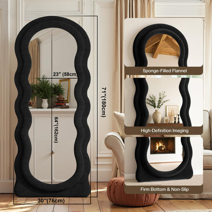 Anpark Full Length Mirror 71"x30" Irregular Wavy Full Body Wall Mounted Floor Mirror with Stand Black Flannel Frame Leaning Hanging Wall for Bedroom Entrance Hallway
