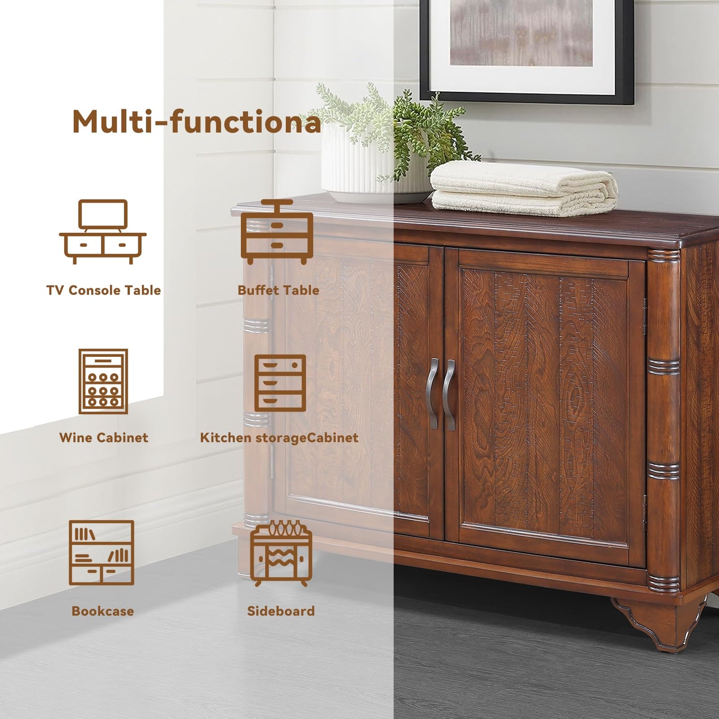 HMFULE 40" Sideboard Cabinet 2-Doors Solid Wood, Retro Buffet Cabinet with Storage Adjustable Shelf, Console Table Accent for Hallway, Living Room, Dining Room, Kitchen, Entry Way (Brown)