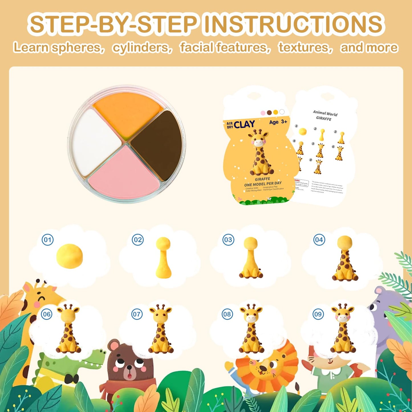 Air Dry Clay Kit - 12 Animal Modeling Clay for Kids, Complete DIY Clay Craft Set with Sculpting Tools & Step-by-Step Tutorials, Ultra Soft & Non-Sticky Clay, Children's Day Gift Ideas