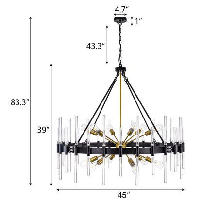 Wellmet Black and Gold Chandelier, Modern Dining Room Chandelier with Glass Rods 45", Farmhouse Wagon Wheel Light Fixtures Ceiling Hanging Pendant Lighting for Living Room, Kitchen, Foyer, Bedroom