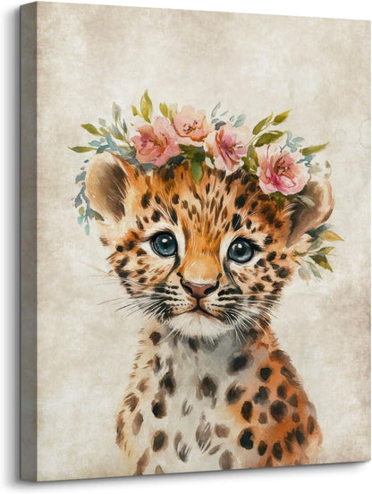 12x16 Inches Nursery Wall Decor Lovely Baby Leopard with Garland Pictures Print on Canvas Cute Animal Portrait Poster