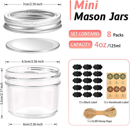 TUZAZO Small Mason Jars 8 Pack, 4 oz Mini Glass Canning Jars with Lids and Labels for Jelly, Spice, Honey Storage