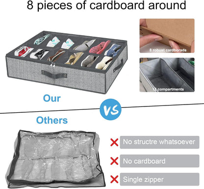 Under Bed Shoe Storage Organizer for Closet - Fits 24 Pairs, Set of 2 with Clear Cover (Herringbone Grey)