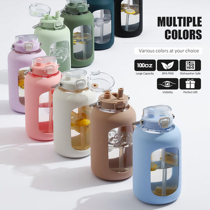 WINSA Large Glass Water Bottles with Stainless Steel Handle,100 oz Gallon Drinking Bottle with 2-in-1 Straw Lid,3 Liter Glass Water Jug with Silicone Sleeve,Wide Mouth,White