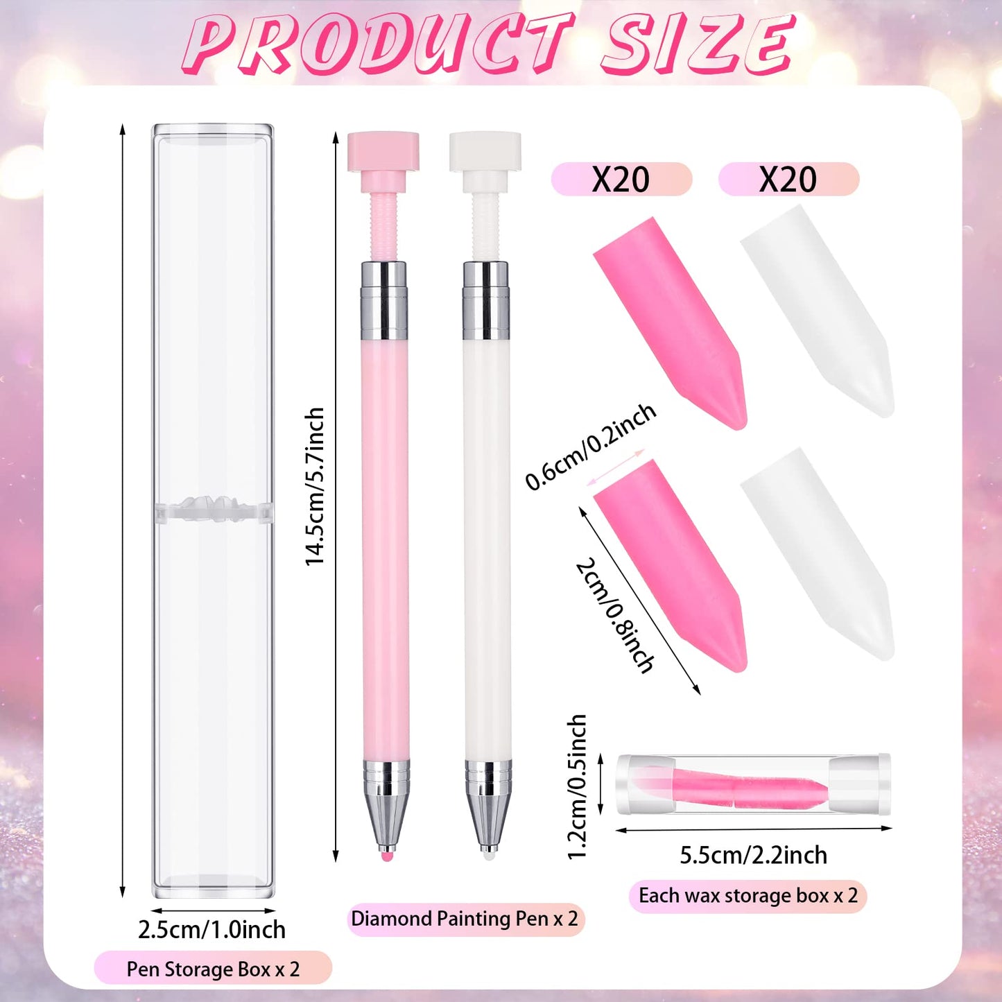 Jutom 2 Pack Diamond Painting Pens with 40 Replacement Wax Pink Wax Diamond Art Accessory with Protective Case Art Pen Tool for Nail DIY Painting Craft Gem(Solid)