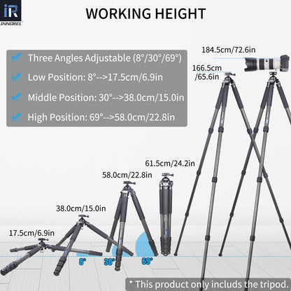 INNOREL P324C 65.6" Carbon Fiber Tripod for Hunting, 360° Rotating Ball Head(1.7"),with Arca Swiss Dovetail Mount,55lb/25kg Load, 32mm Tube Stable Tripod for Photography and Outdoors