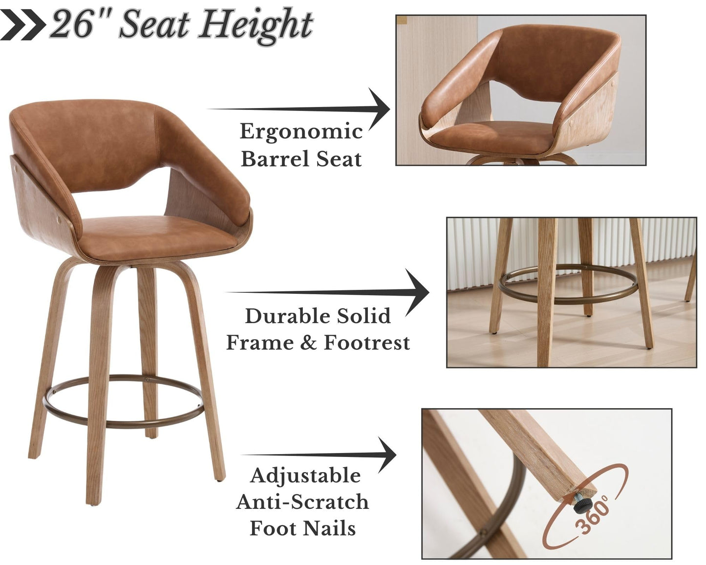 HNY 26 Inch Swivel Bar Stools with Back Set of 4, Brown Faux Leather Upholstered Counter Height Barstools with Solid Bentwood Frame, Round Footrest, Modern Barrel Counter Stools for Kitchen Island