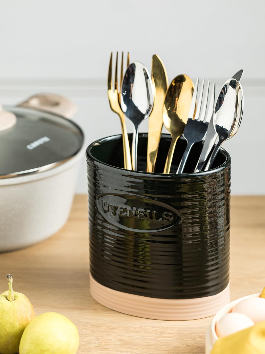 YHOSSEUN Black Ceramic Utensil Holder, 6.7" Kitchen Counter Caddy for Tools, Oval Shape Utensil Storage