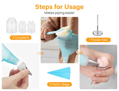 Kootek 54 in 1 Piping Bags and Tips Set with 13 Large Size Piping Tips, 35 Standard Size Icing Tips, 2 Reusable Pastry Bags 12 Inch, Cake Decorating Kit Supplies, Frosting Piping Kit for Cake, Cupcake