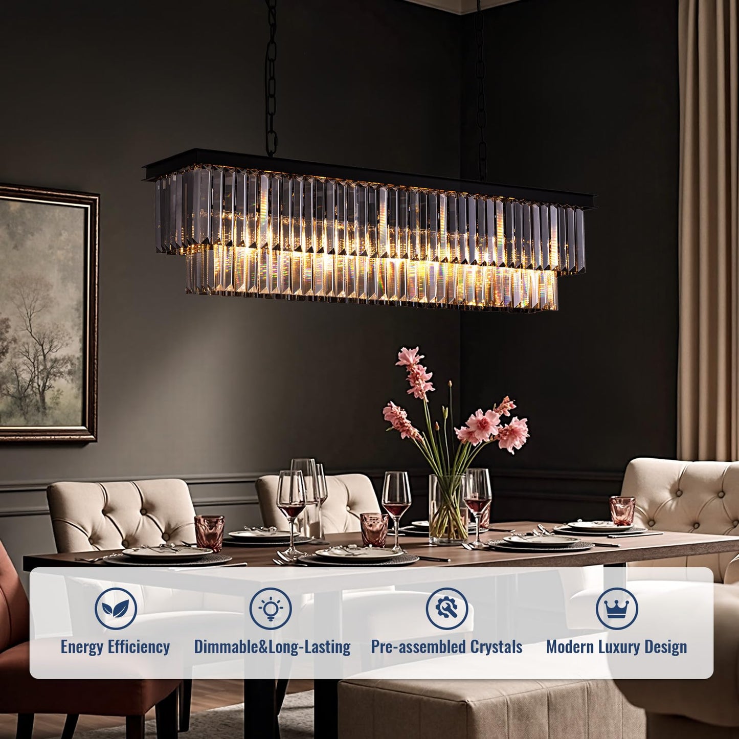 Tinkoso 39-inch Rectangle Crystal Chandeliers for Dining Room,Hanging Ceiling Light for Kitchen Island,Smoky Gray K9 Crystal Pendant Lighting,59-inch Adjustable Wire,Matte Black Finish