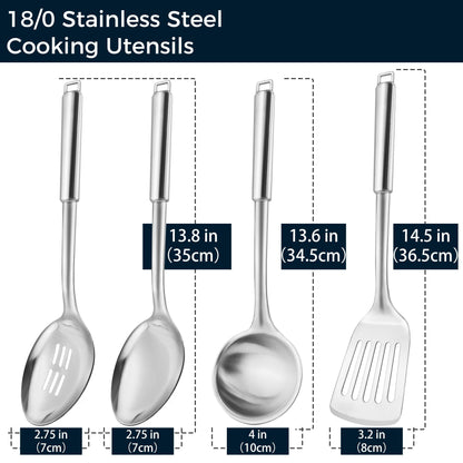 MUJINON 18/0 Stainless Steel Kitchen Cooking Utensil Set, Ergonomic Handle, Dishwasher Safe, Slotted Spoon, Ladle, Turner, Serving Spoon for Housewarming Daily Use Commercial, Pack of 4