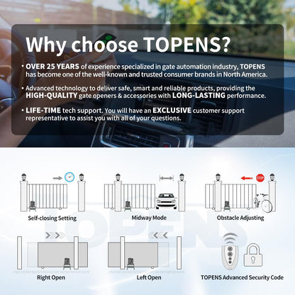 TOPENS CK1200 Automatic Sliding Gate Opener Chain Drive Electric Gate Motor for Heavy Driveway Slide Gate Up to 3400 Pounds, Security Gate Operator AC Powered with 20ft Roller Chain and Remote Control