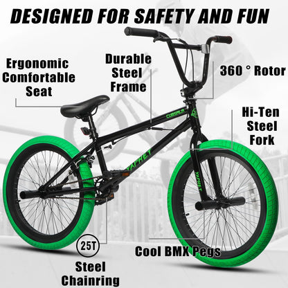 cubsala Freestyle BMX Bike, 20 Inch Yaphet Bicycle for Teen Beginner Adult Riders, Bike with 360° Rotating Handlebar and 4 pegs, Black with Green Tires