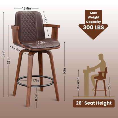 YaFiti Swivel Bar Stools Set of 2, 26" Counter Height Barstools with Wood Legs and Backs, Upholstered PU Leather Bentwood Frame Bar Chairs with Armrest for Kitchen Island, Dining Room, Brown