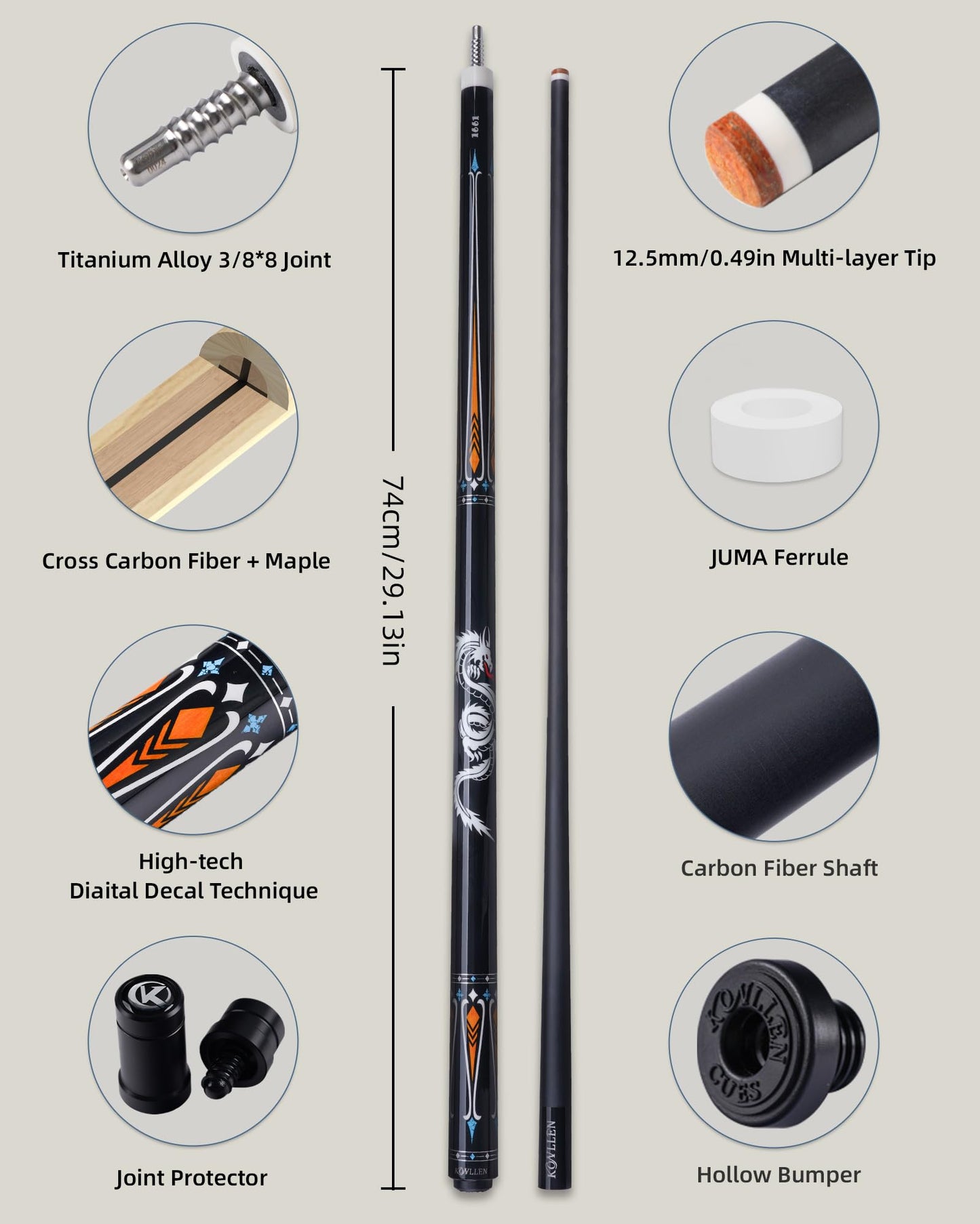 KONLLEN Carbon Fiber Pool Cue Stick Low Deflection Pool Cue Profession Billiards Cue Set for Adults with Billiards Accessories (Extension/Bolt)