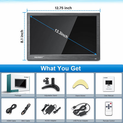 Haiway 13.3 inch Security Monitor, 1366x768 LED Monitor Small HDMI Monitors with Remote Control Built-in Speakers, Mini Monitors HDMI VGA AV BNC USB Input for CCTV Raspberry Pi PC Fire Stick Gaming