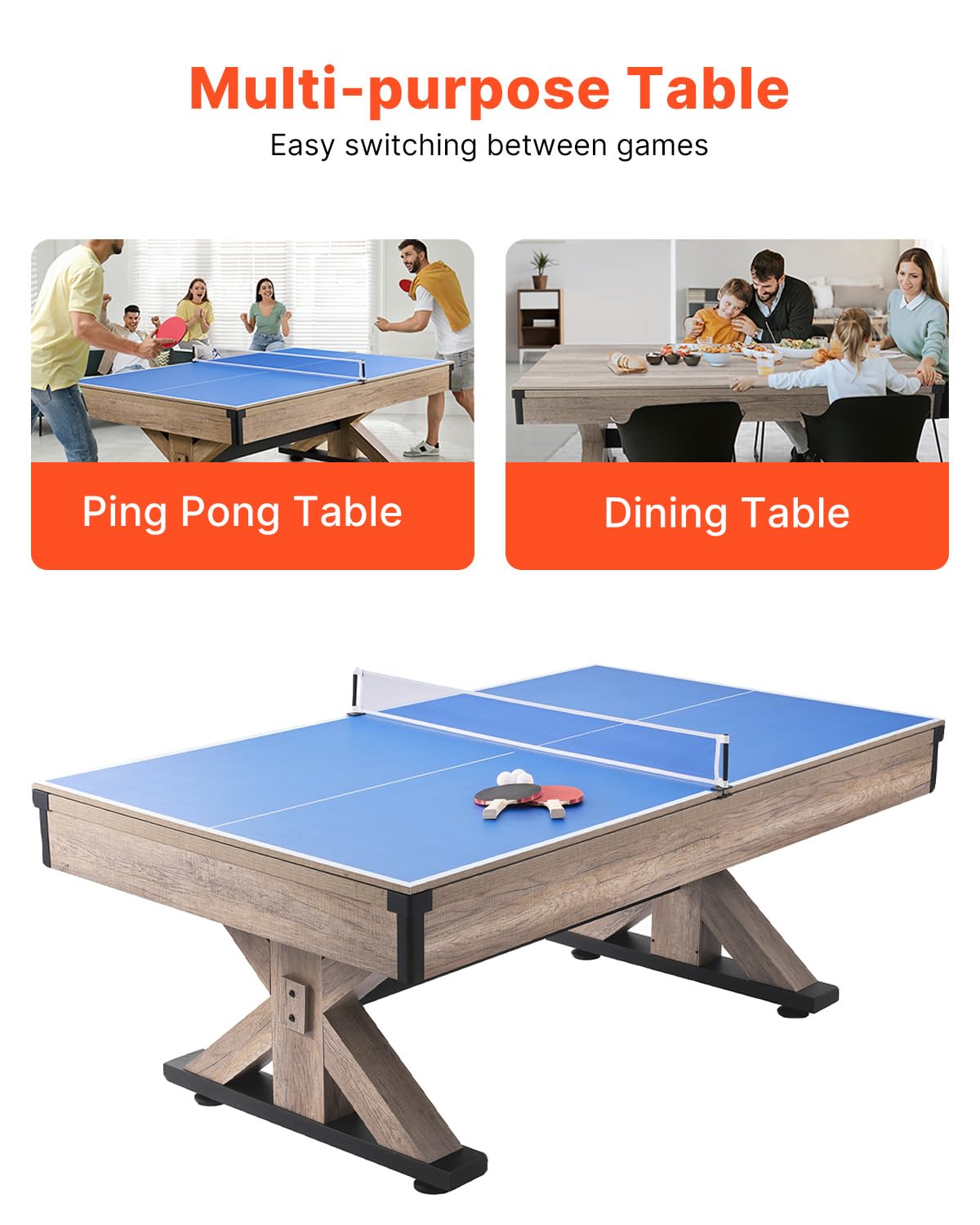 VEVOR 7ft Billiards Table Combo Set, 3-in-1 Multi Game Table with Dining, Pool, and Tennis Table, for Family Game Room Adults, Includes Full Set of Accessories, Wood Color with Grey Cloth