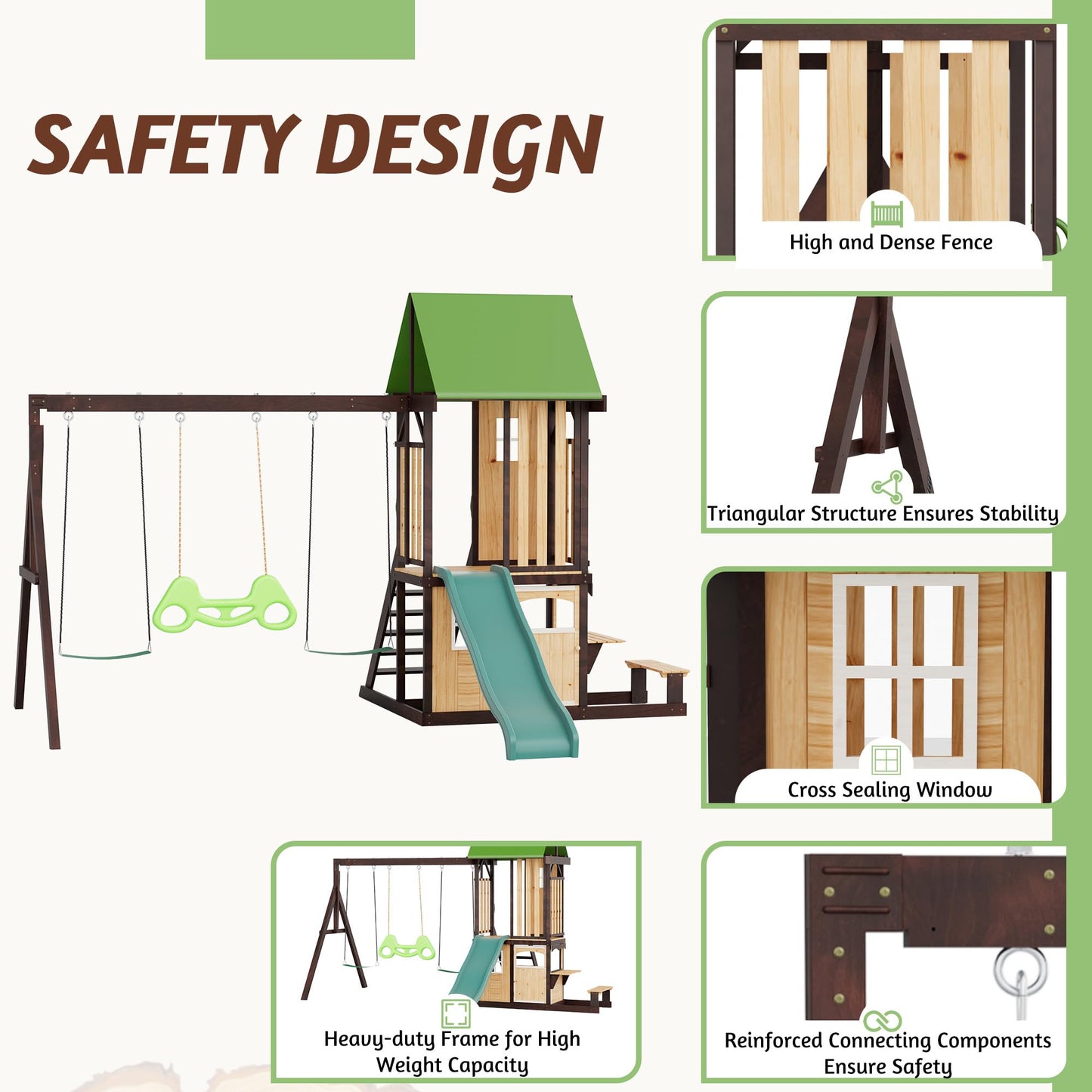 HOMMOW Wooden Swing Set with Wave Slide, Clubhouse, Playhouse, Snack Bar Window, Picnic Table and Chair, 2 Belt Swings, Trapeze, Full Front Door, Windows, Step Ladder, for Backyard