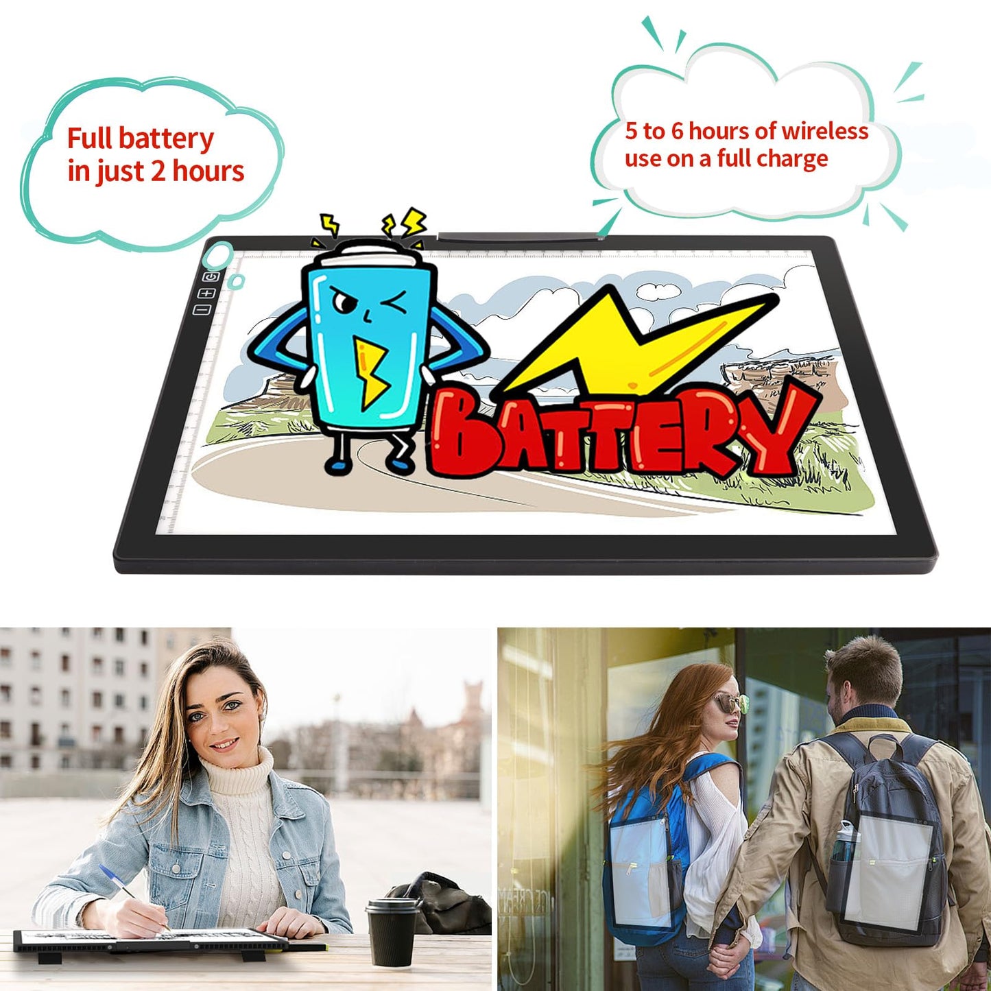 Rechargeable A4 Light Pad - Stepless Dimmable 6 Levels Brightness Tracing Light Box, Diamond Painting Light Board with Top Clip, Battery Powered Portable Light Pad for Weeding Vinyl Tracing