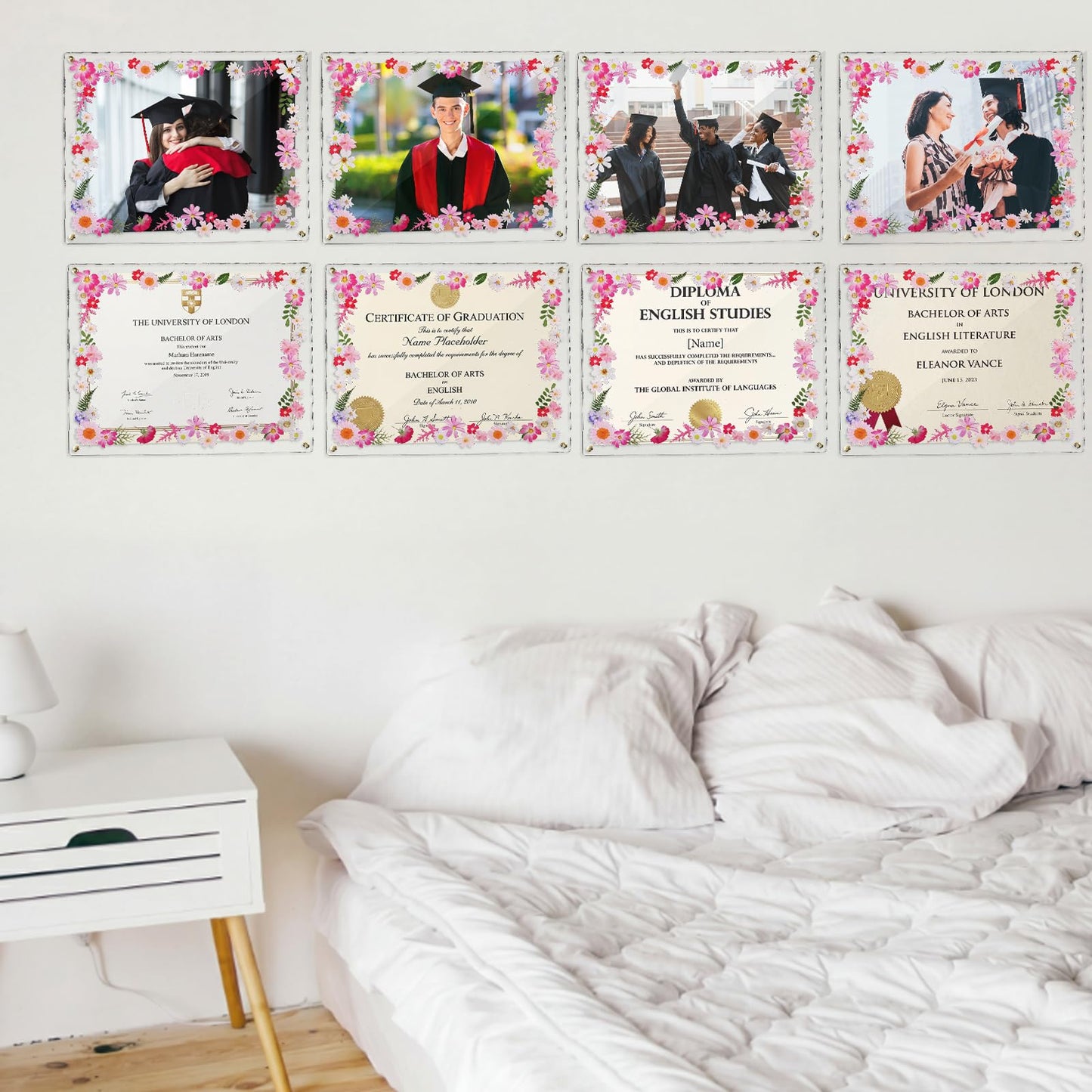 Novabright 2 Set 2026 8.5x11 Floral Acrylic Graduation Certificate Frame Pressed Flower Wall Mount Floating A4 Picture Frame Double Panel for Graduation Certificate Degree Document Memory Picture Gift
