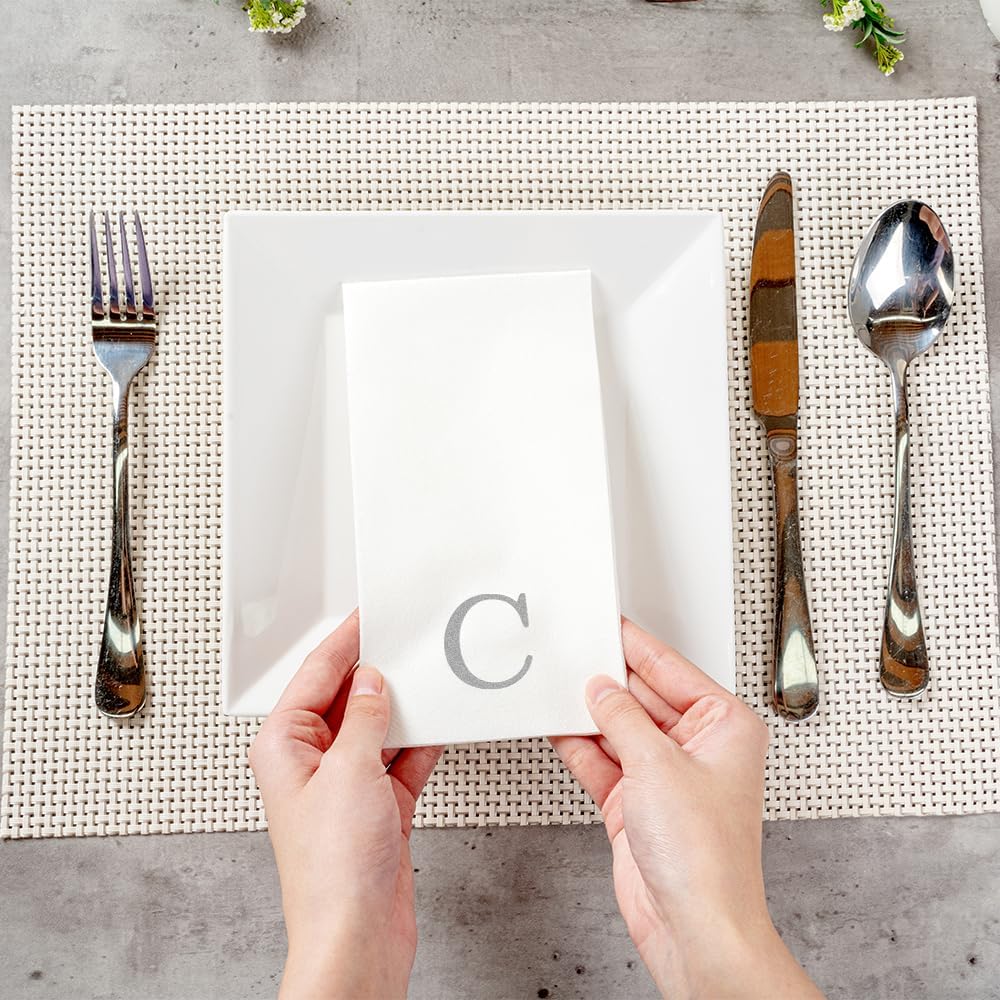 15.8 7.9 Inch 50 Luxenap X Linen-Feel Guest Towels, Lettered Hand Towels - Silver Letter 'C', Sans Serif Font, White