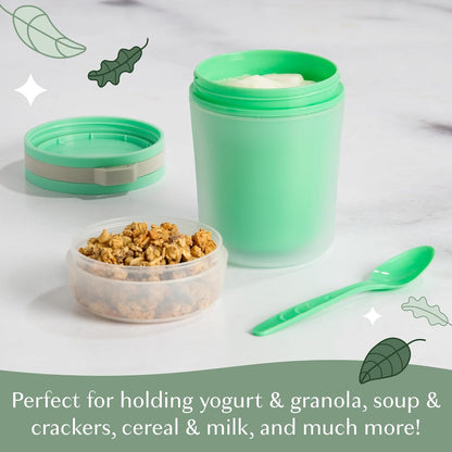 Goodful Double Wall Insulated Yogurt Container - Leak Proof Snack Container with Reusable Spoon, 14-Ounce, Green