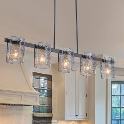 EDISLIVE 5-Light Glass Block Chandeliers Pendant Light Kitchen Island 47.24in E12 Linear Adjustable Hanging Lighting Fixture with Black Finish Grey Water Ripple Glass for Dinning Room Living Room