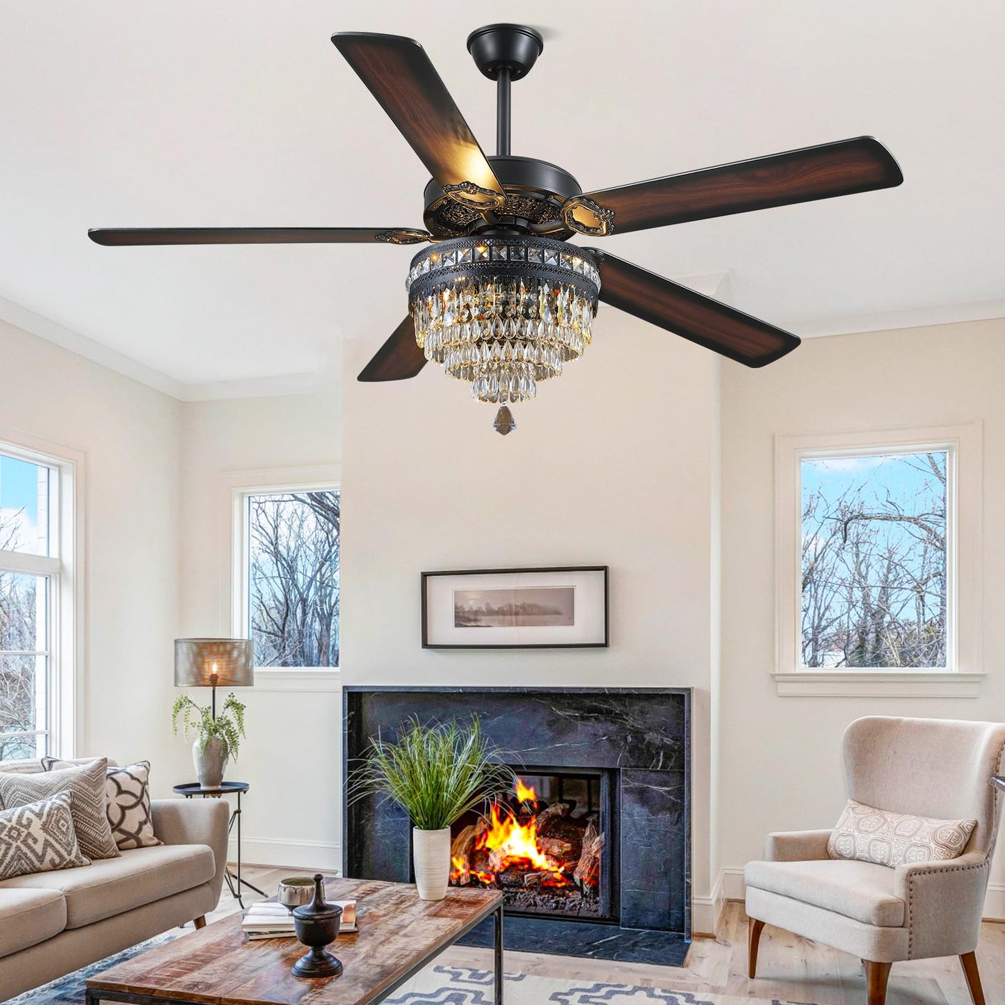 Asyko 62" Crystal Ceiling Fan Fandelier with Lights - Black Modern Crystal Chandelier Fans with Remote Control，Noiseless DC Motor, Retro/Farmhouse Lighting, Dining Room， Living Room